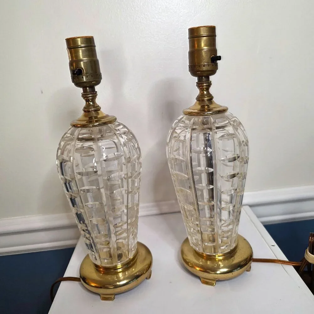 Pair of Two Lead Crystal Cut Heavyweight Lamps Boudoir